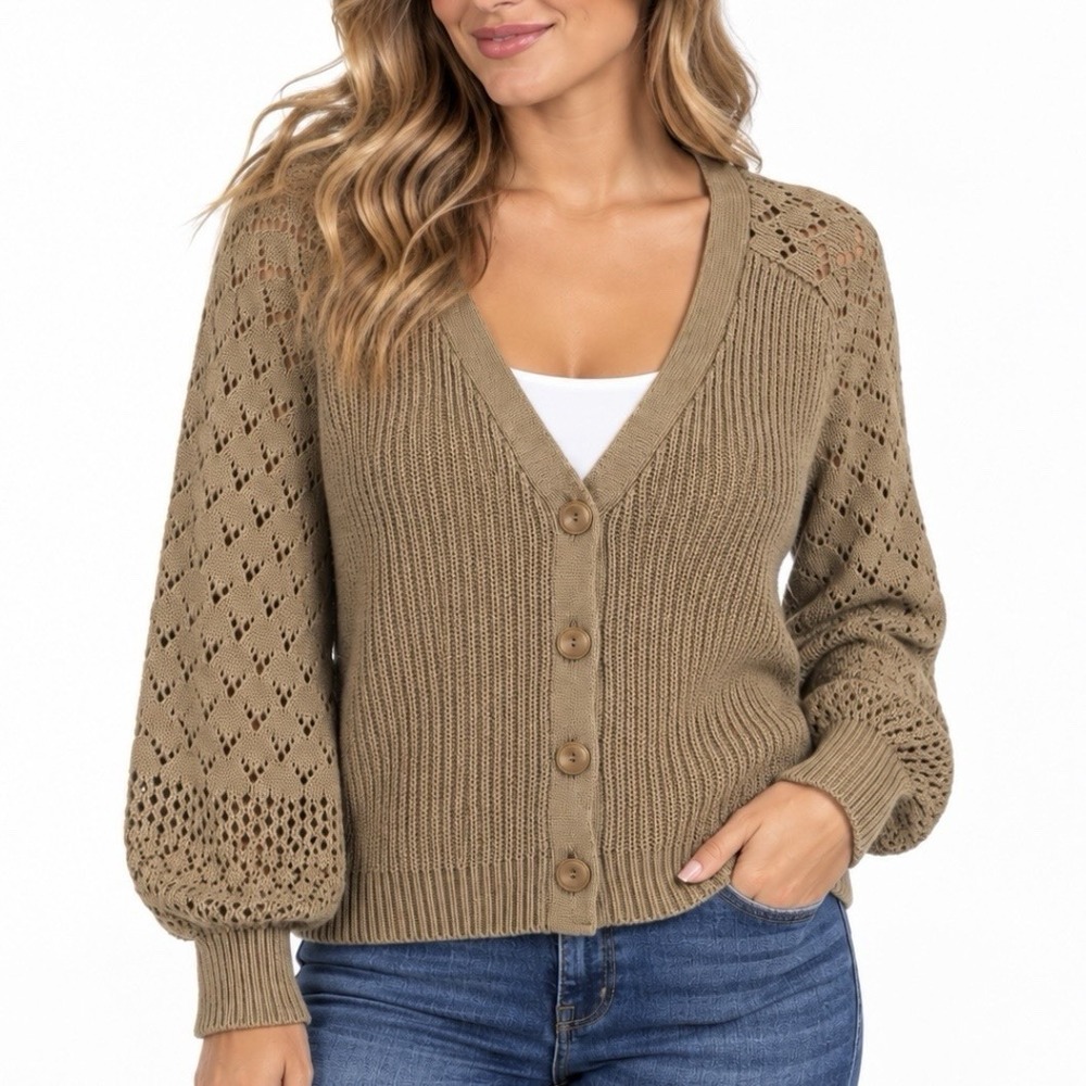 Sundance My Darling Neutral Pointelle Knit Button Cardigan Sweater XS